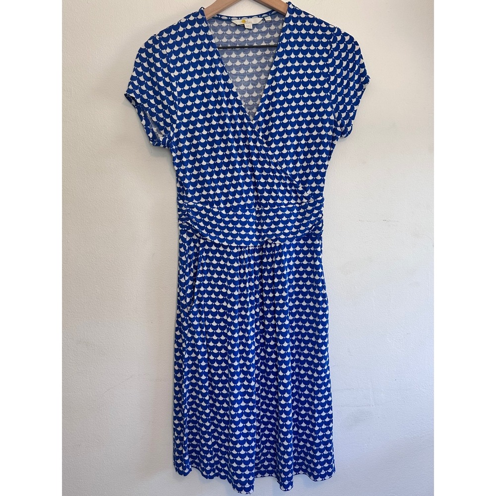 Boden Lola Scallop Print Faux Wrap Jersey Dress Coastal Preppy Vintage Chic